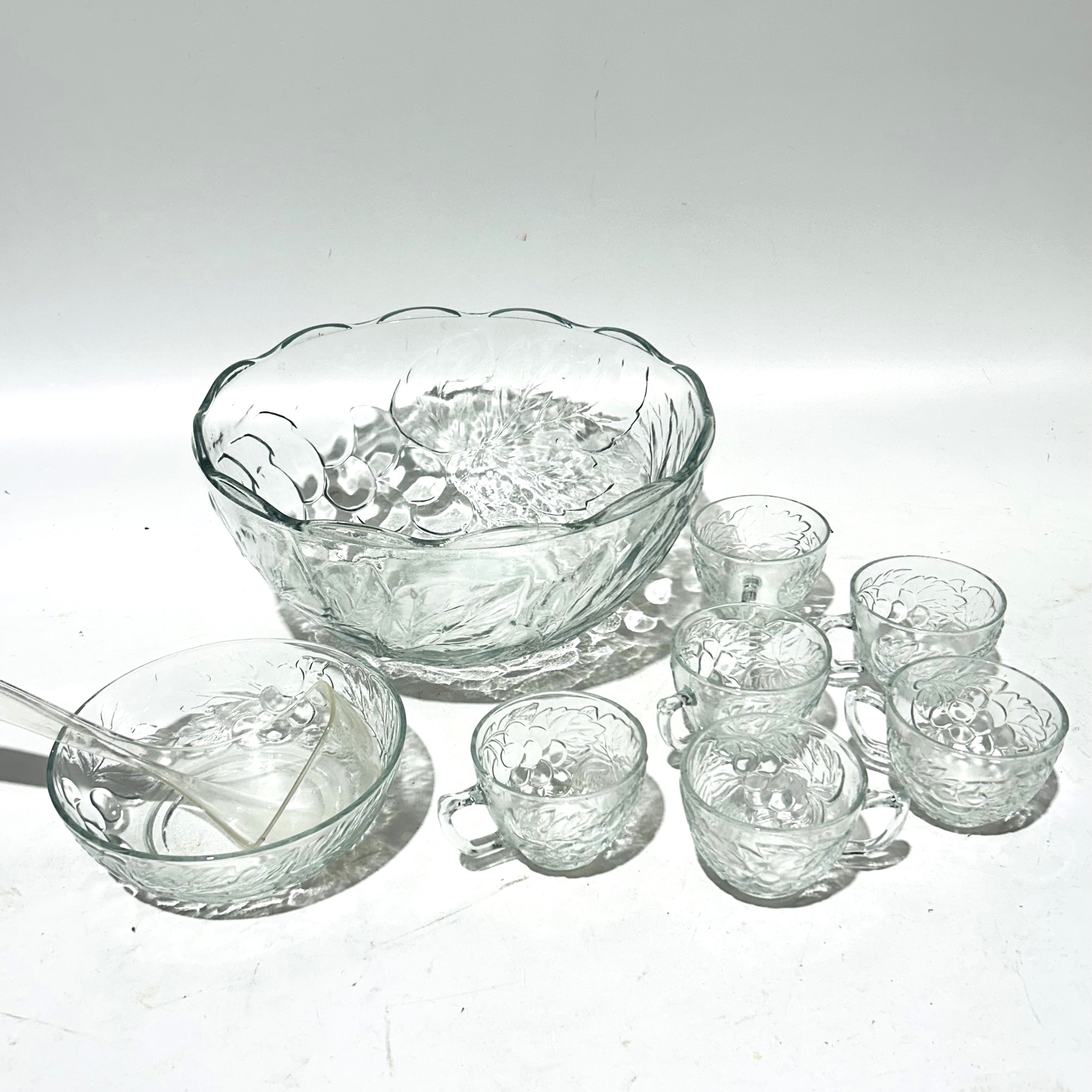 PUNCH BOWL, Glass - with 6 Glasses + Ladle + Ladle Bowl